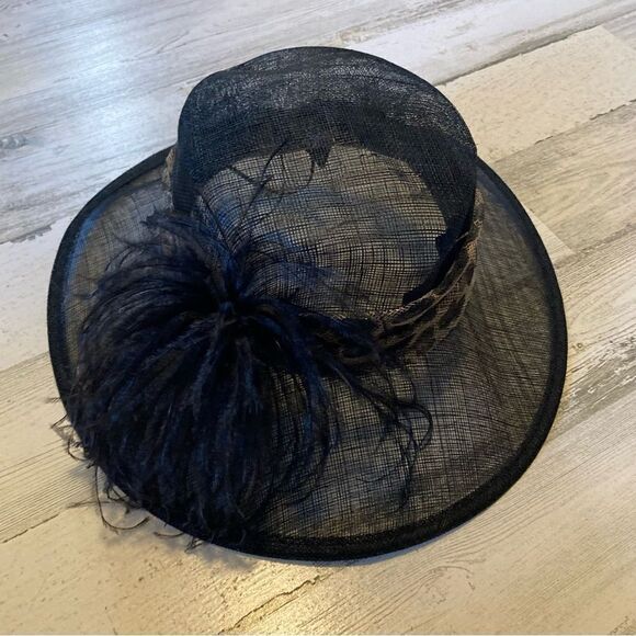 Tuscany Straw Black Feather Hat - Picture 1 of 9